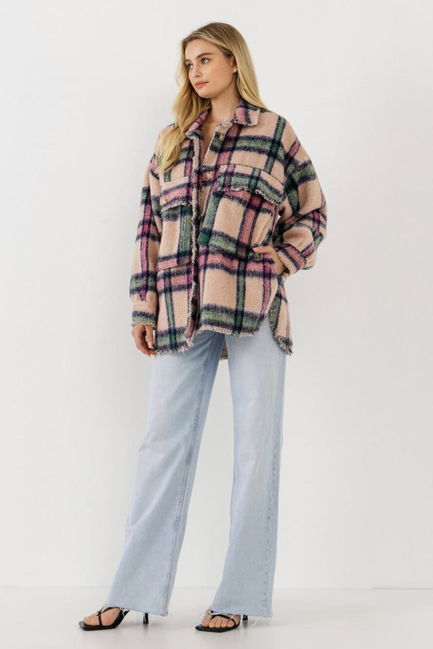 POL Oversized Snap Up Teddy Shacket Plaid Pink Green Women’s Medium